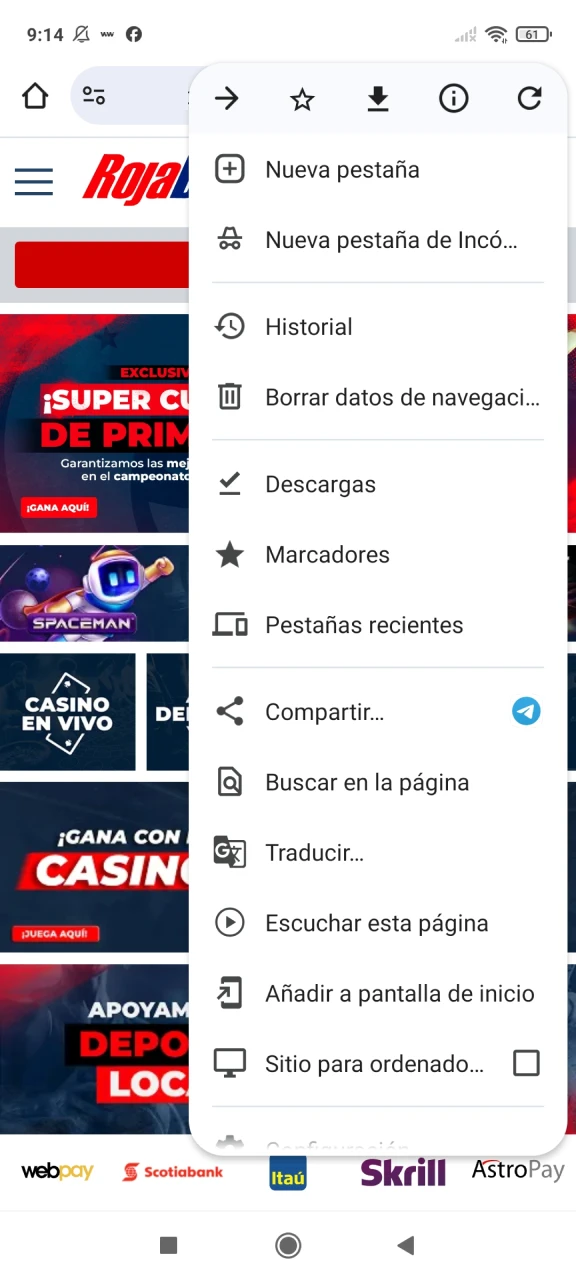 Selecciona añadir a la pantalla principal en el menú para descargar la aplicación de Rojabet.