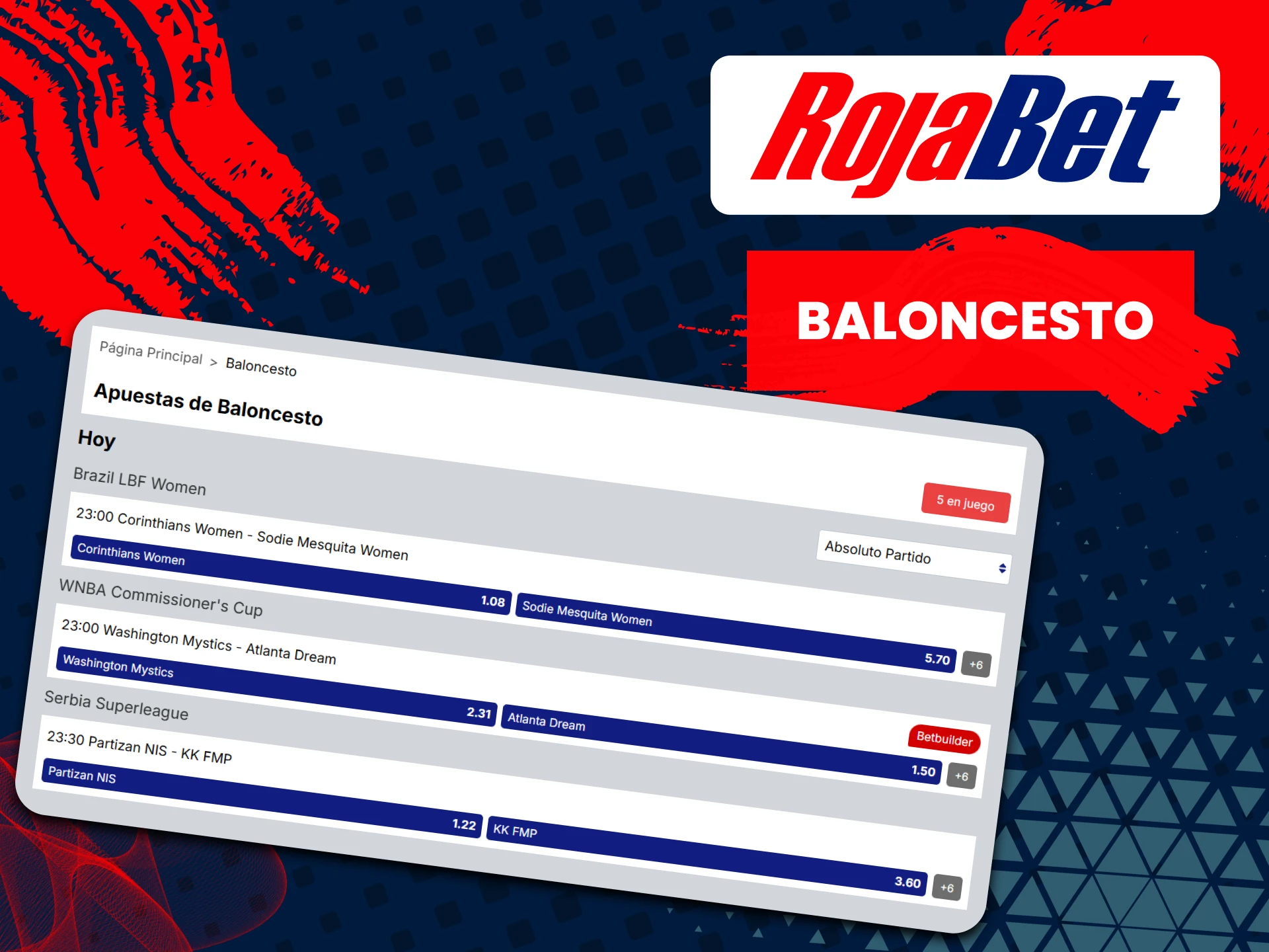 Para apostar en Rojabet, elige baloncesto.