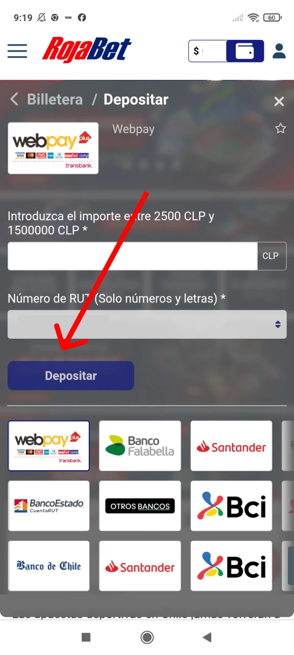 Completa tus depósitos en Rojabet.