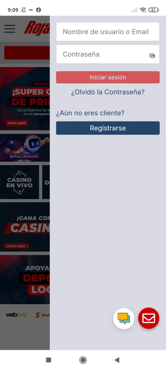 Inicie sesión en su cuenta personal para recargar fondos en Rojabet.