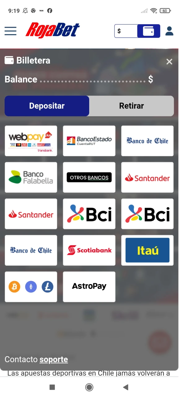 Seleccione un método para depositar fondos en Rojabet.