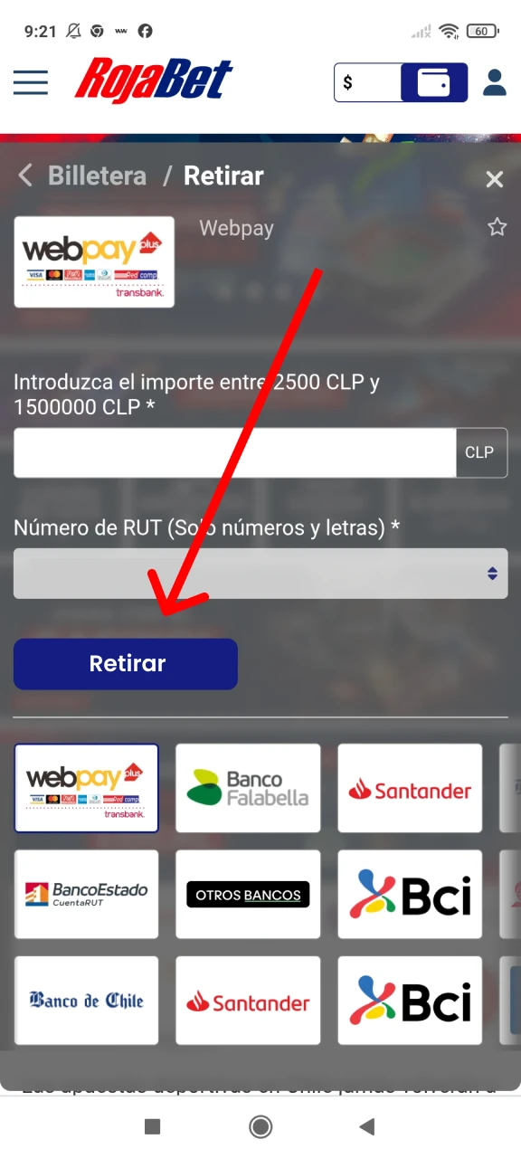 Completa tu retiro a Rojabet.