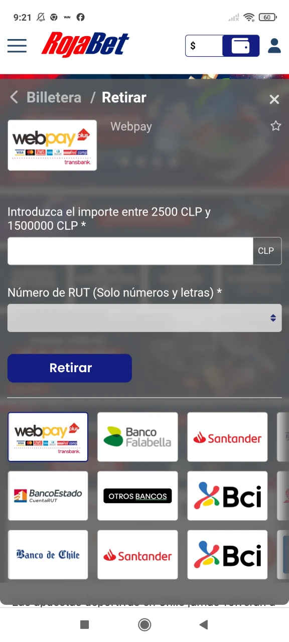 Complete sus datos para retirar fondos a Rojabet.