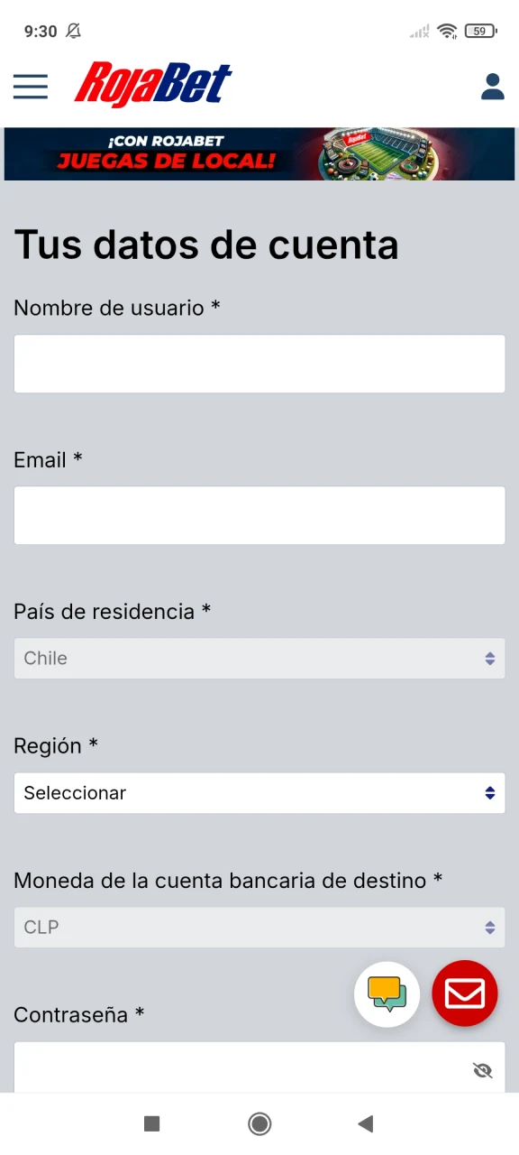 Complete los datos en la ventana de registro en Rojabet.