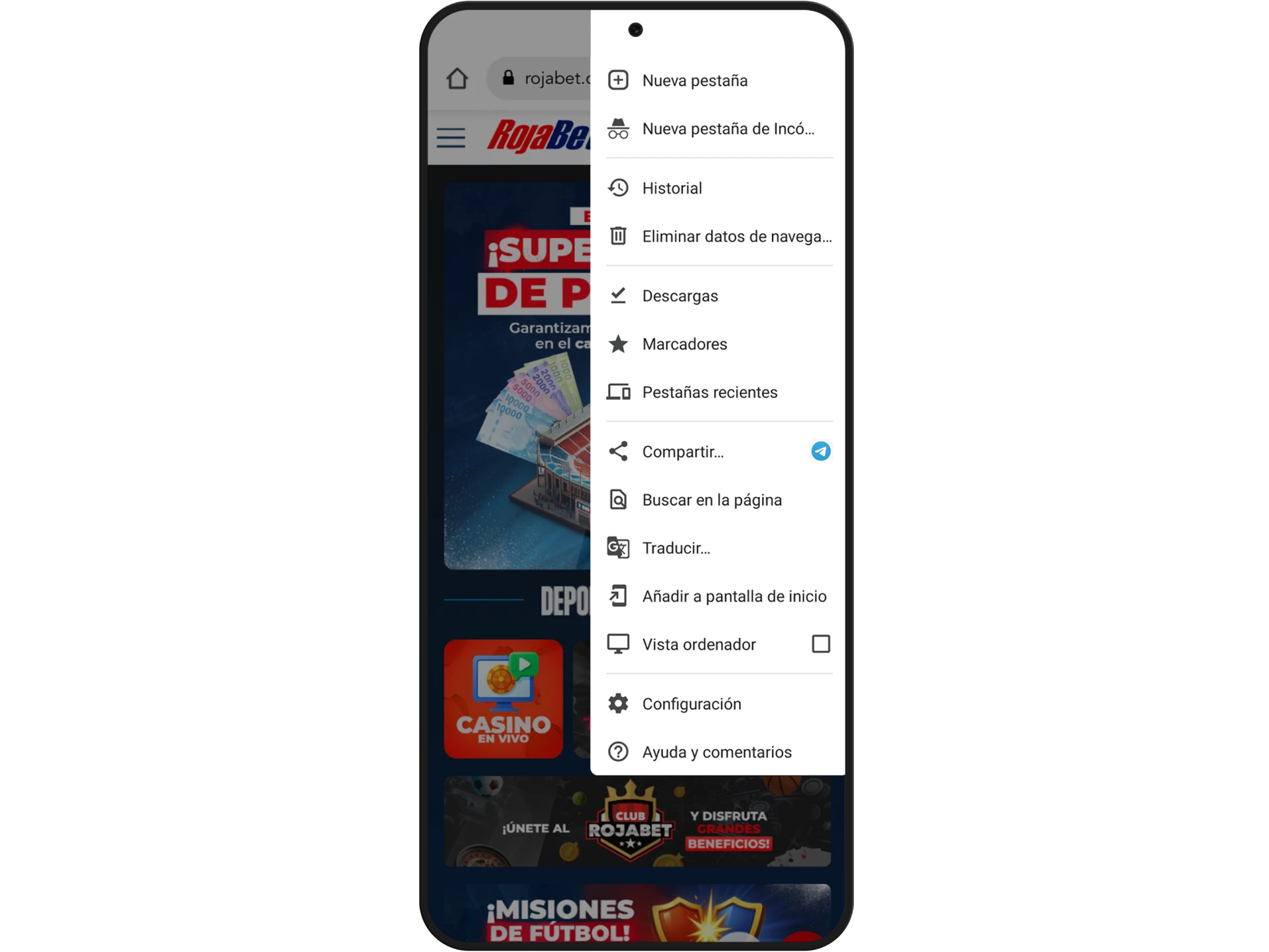 Selecciona añadir a la pantalla principal en el menú para descargar la aplicación de Rojabet.