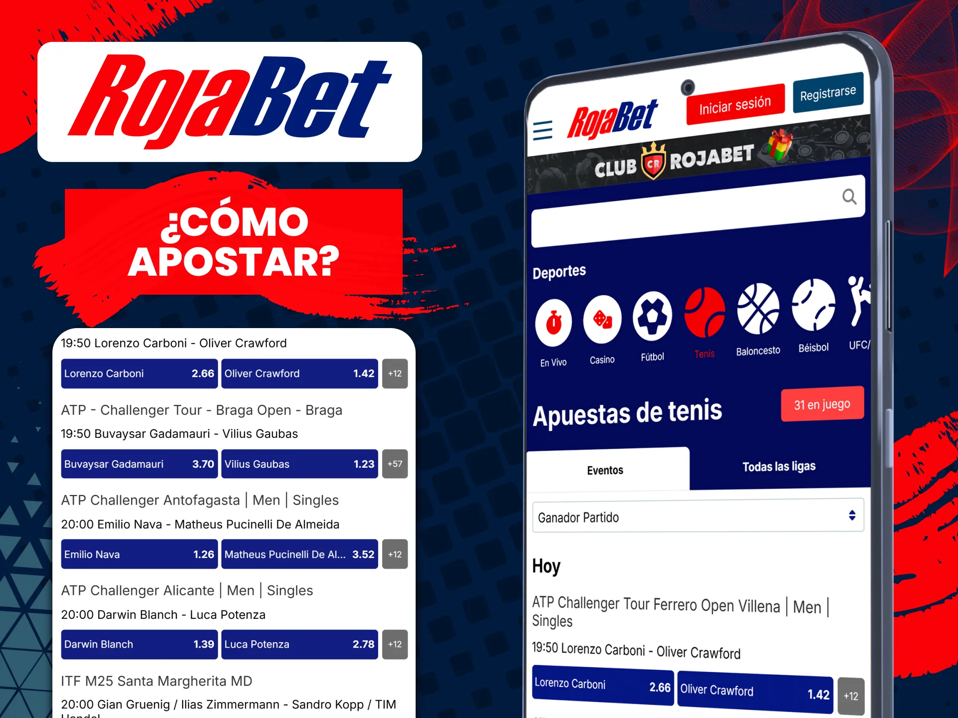 Abre la sección de deportes y selecciona tenis para apostar en Rojabet.